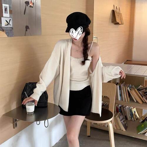 韩系早秋女氛ZFL围感温色柔懒风显白两橘蕾丝吊带慵针织开衫外套