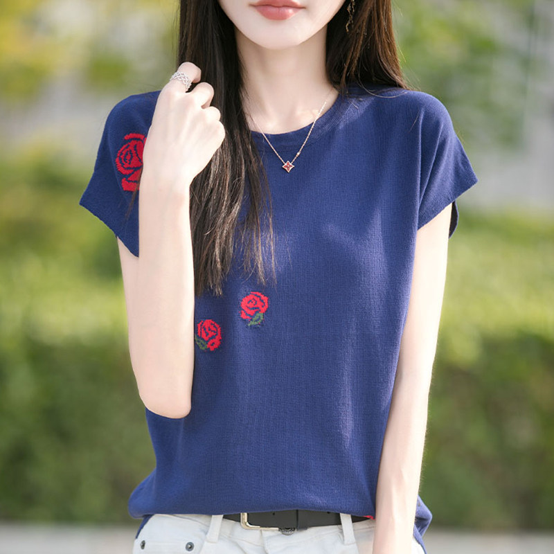 玫瑰绣花短袖t恤女夏季2025新款打底衫洋气大码女装冰丝针织上衣