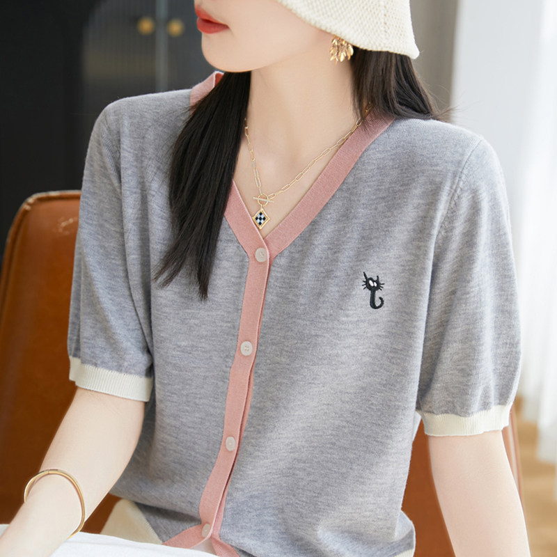 V领拼色刺绣开衫短袖t恤女夏季2025新款洋气大码女装冰丝针织上衣