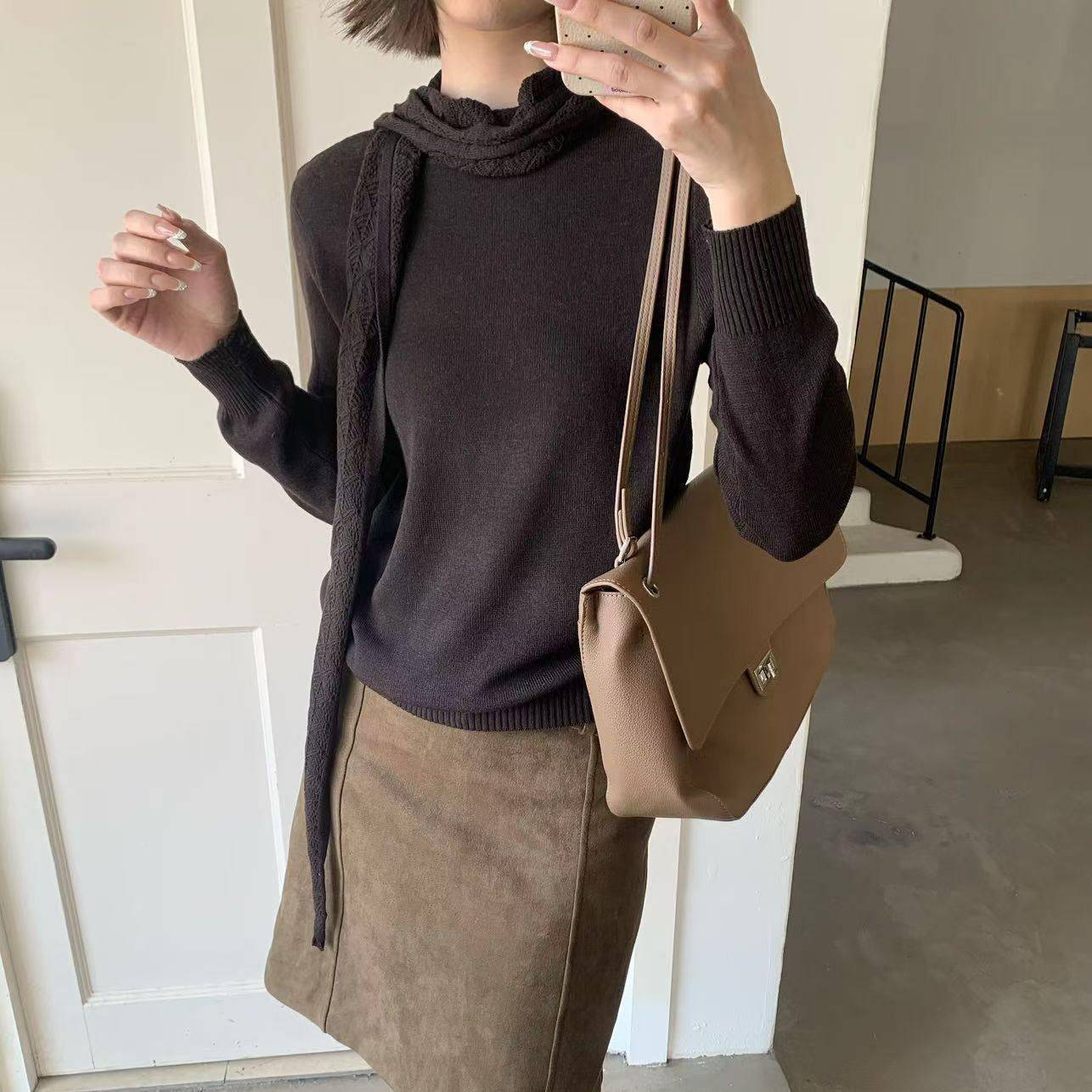 韩版蝴蝶结飘带针PIE织衫早质秋季长袖修毛身显瘦打女底内搭气软