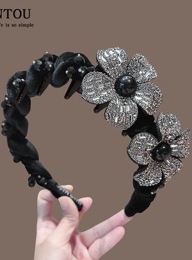 韩版新款秋冬丝绒满钻花朵带齿发箍女高颅顶头箍气质高级感发卡