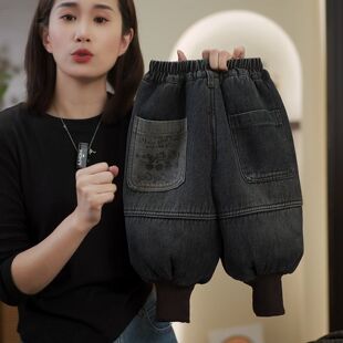 儿童加绒牛仔裤三层加厚男女宝宝宽松束脚灯笼裤秋冬保暖休闲长裤