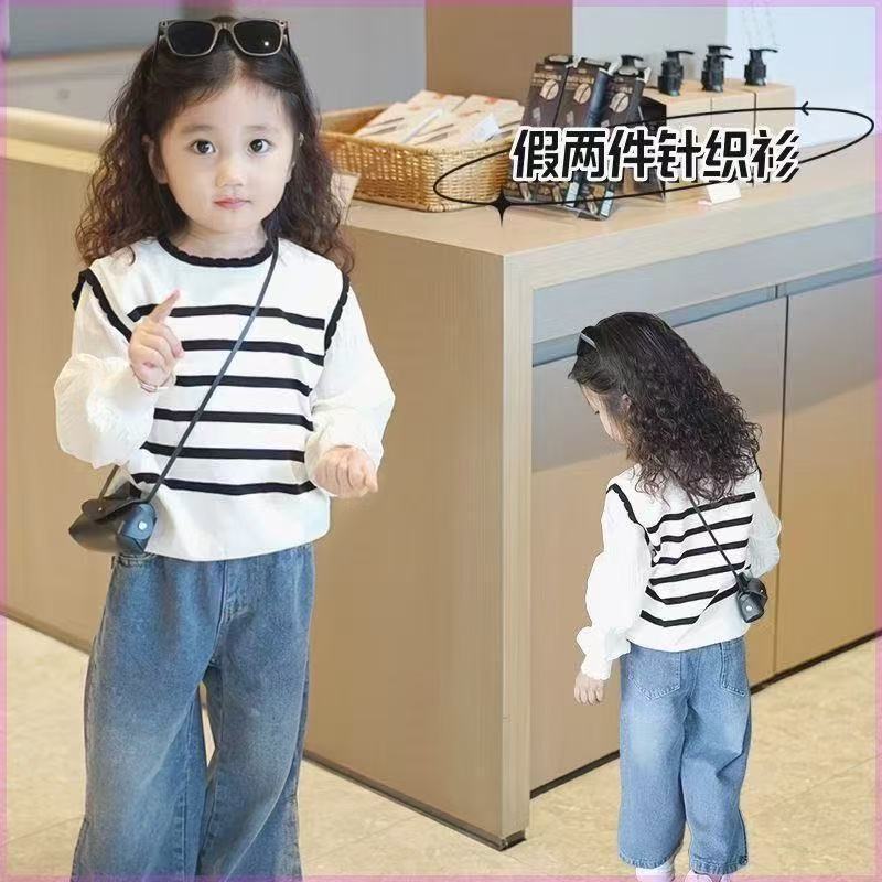女童春秋假两件条纹拼接针织衫