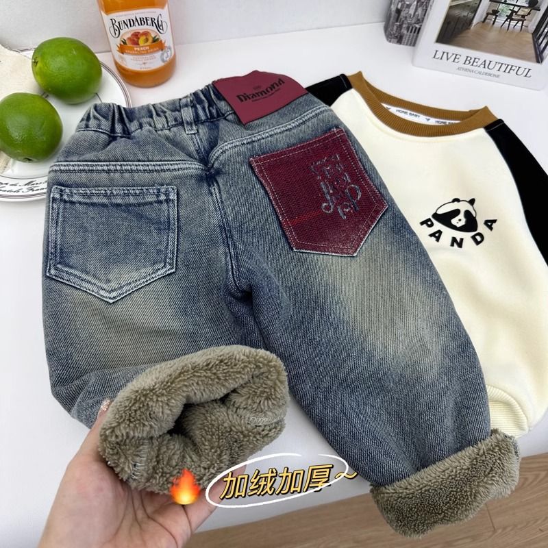 男童秋冬羊羔绒牛仔裤加厚