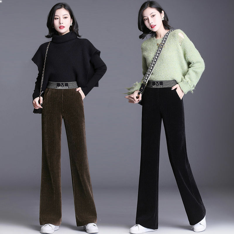 加绒不加绒灯芯绒阔腿裤子女春秋季高腰垂感显瘦直筒裤芯丝绒裤