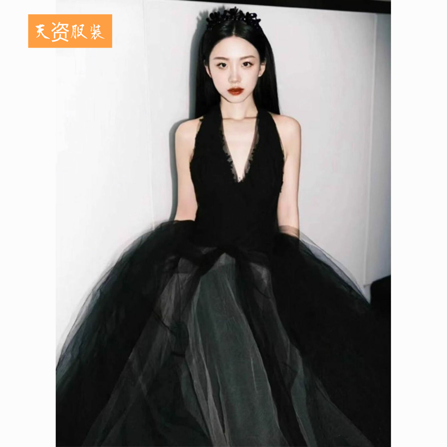 晚礼服女宴会轻奢小众高端高级感黑色v领主持人艺考公主裙成人礼