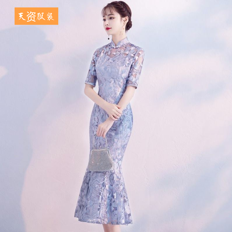 旗袍中长款鱼尾改良版年轻款连衣旗袍