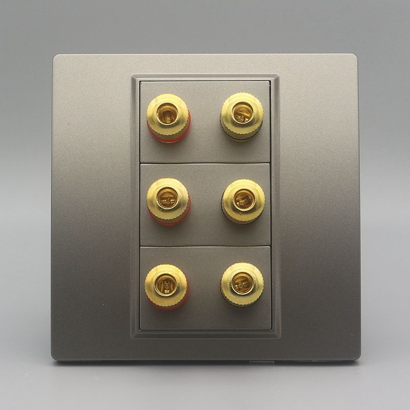 深灰色86型三位音响面板3个6头环绕音响音频接线柱多媒体话筒插座