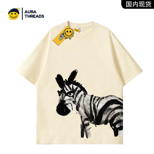 【品牌现货】AURA THREADS斑马印花短袖T恤男女潮牌纯棉宽松上衣