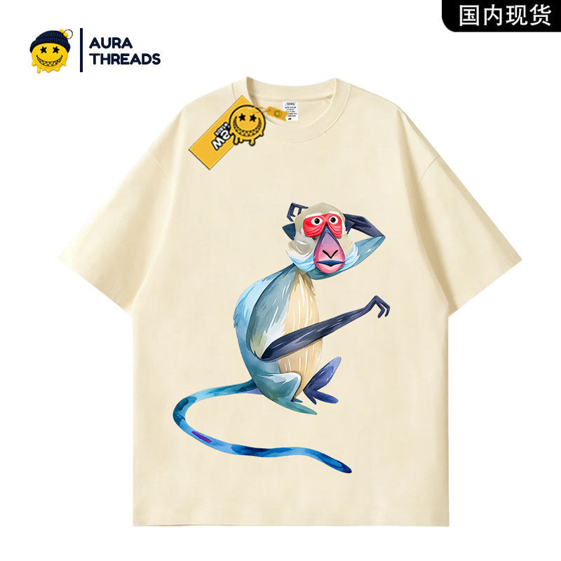 【品牌现货】AURA THREADS卡通猴子短袖T恤男女宽松纯棉百搭上衣