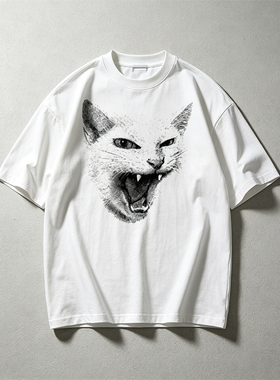 【品牌现货】AURA THREADS重磅纯棉颗粒感怒吼猫咪情侣短袖T恤男
