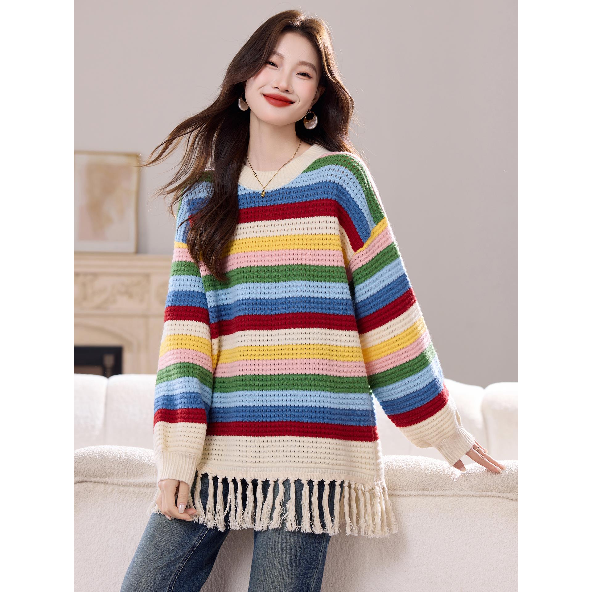 ROUMIKL彩虹条纹流苏针织衫女宽松慵懒风中长款毛衣秋冬新款大版
