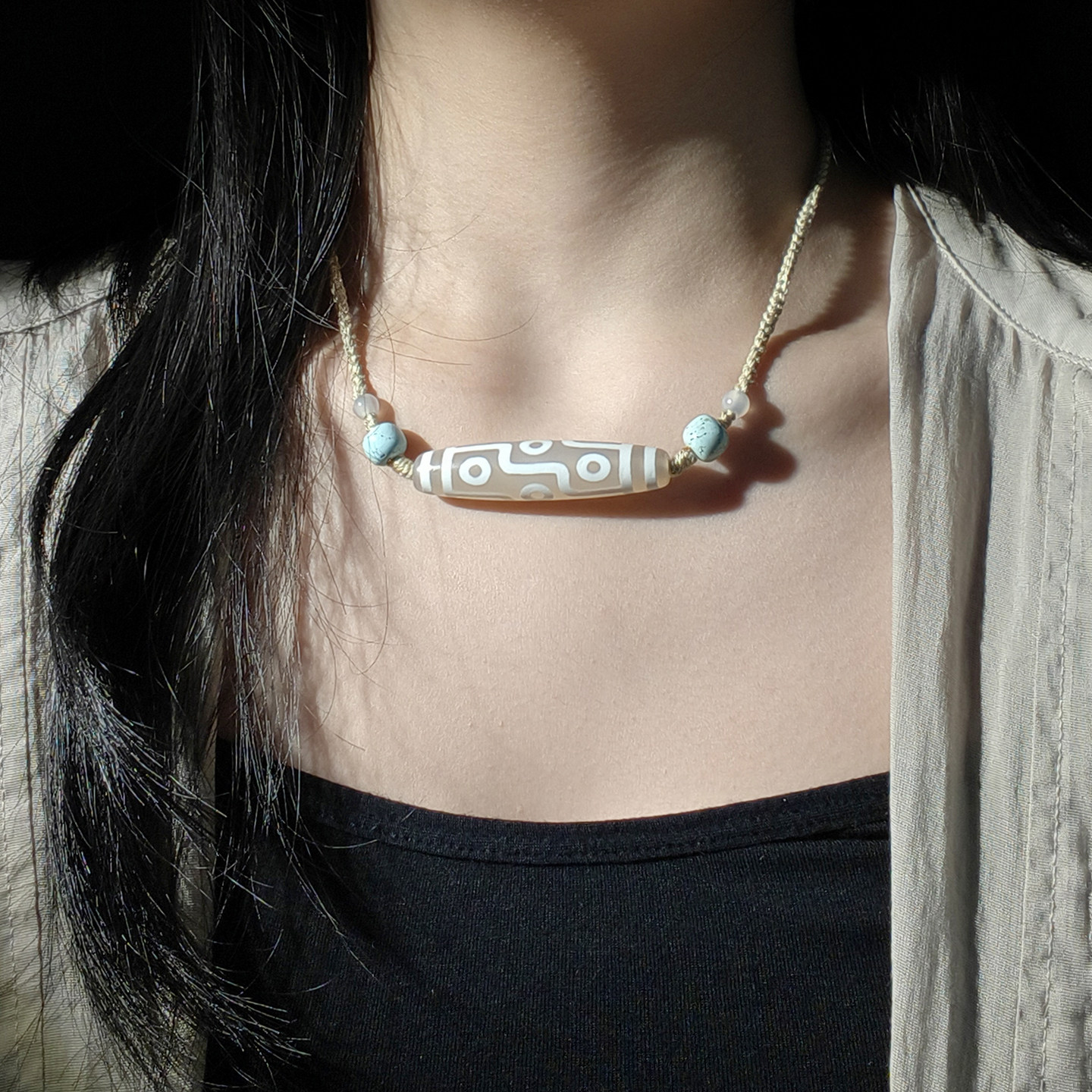 九眼天珠项链男女天然西藏真品白玛瑙天珠横穿原矿绿松石文玩配饰