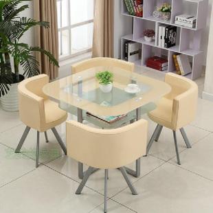 新简约现代双层钢化玻璃桌椅组合4S休闲接待店铺洽谈会客圆形小餐