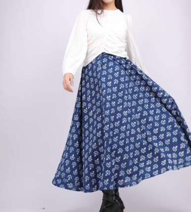 B189 清仓处理 夏蓝染百搭半身裙高腰大摆复古文艺显瘦印花