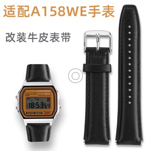 适用卡西欧方块F-84/F-91W/F-94/A158WE/168/159改装牛皮表带18黑
