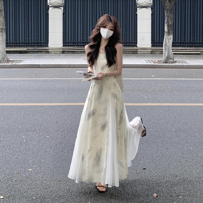 新中式吊带连衣裙女小众设计感2025夏季新款复古水墨气质国风长裙