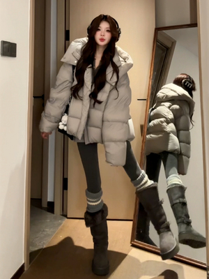 灰色羽绒服女冬季2025年新款90白鸭绒小个子连帽超好看短款面包服
