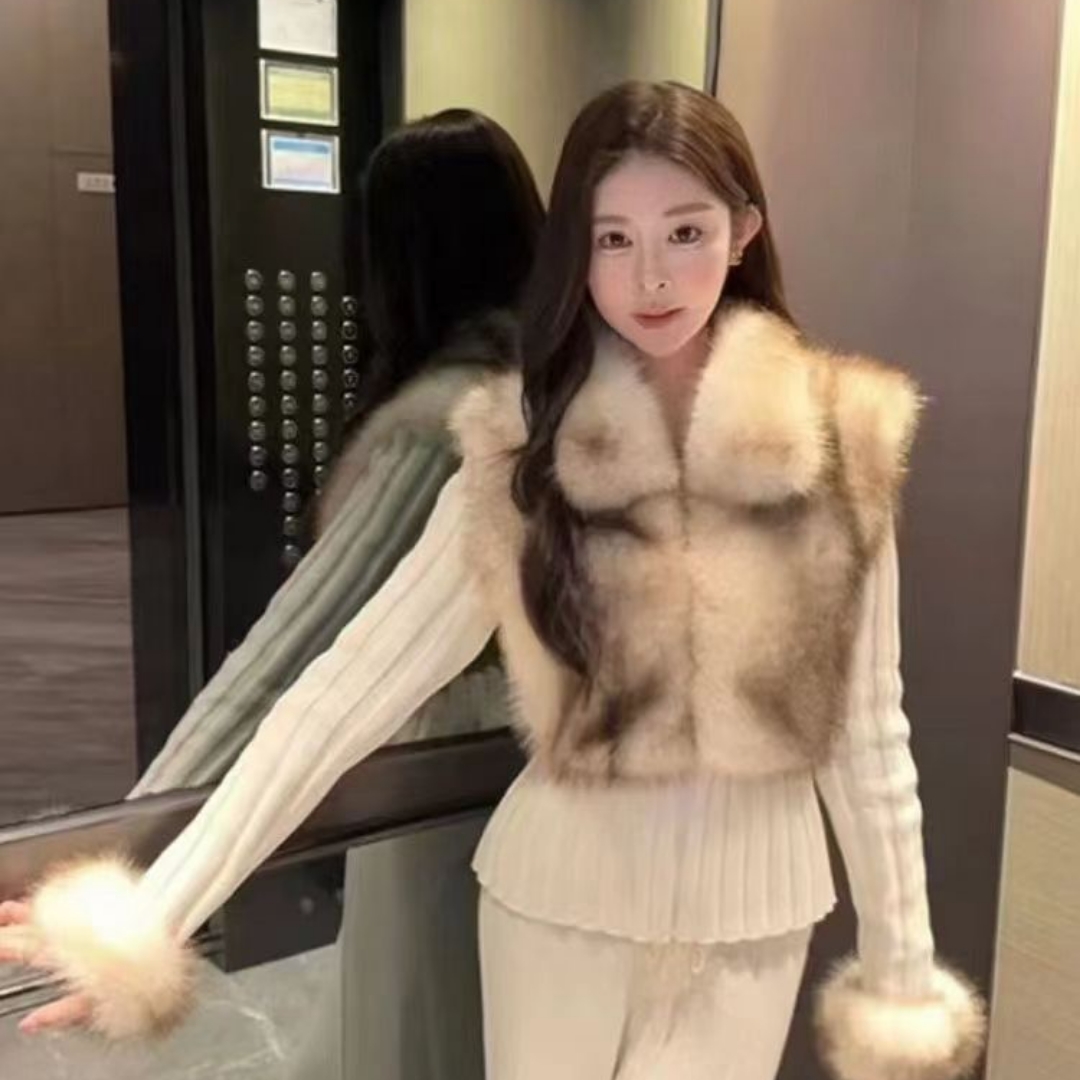 秋冬新款巨滑仿皮草翻领毛毛拼接针织衫马甲开衫外套女