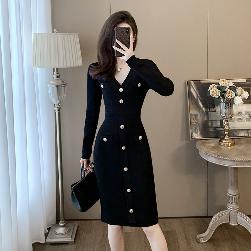 十三行女装小香风小黑裙2025年秋季新款长款包臀冰丝针织连衣裙