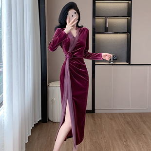 新款女秋冬季气质法式年会主持人晚礼服感连衣裙