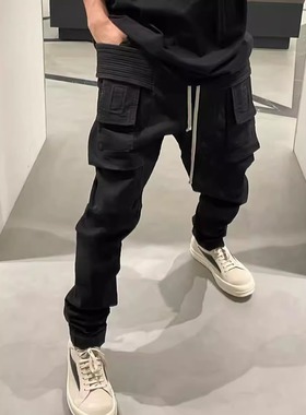 ROG RO新款工装双环裤男女同款黑色暗黑直筒抽绳加绒磨毛棉质针织