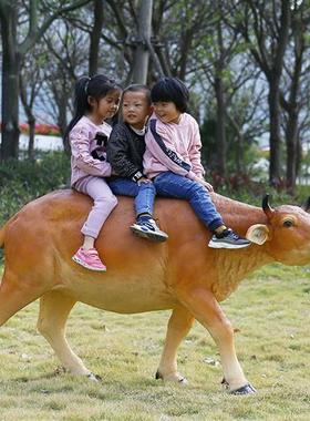 农耕牧童骑仿真黄牛雕塑动物模型摆件园林户外玻璃钢草坪景观装饰