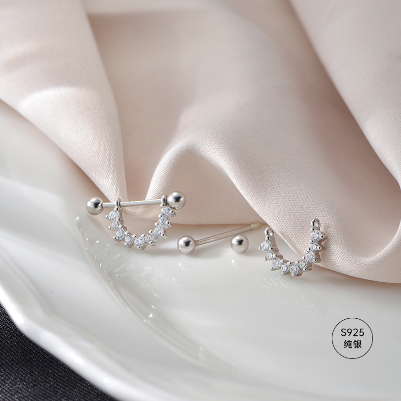 S925纯银耳钉j女夏镶钻U形螺丝2021年新款潮冷淡风耳骨钉耳环耳饰