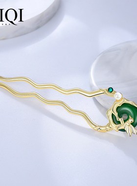 迪琪绿色玛c瑙平安扣喜鹊发簪U型珍珠镶钻新中式高级感轻奢发钗女