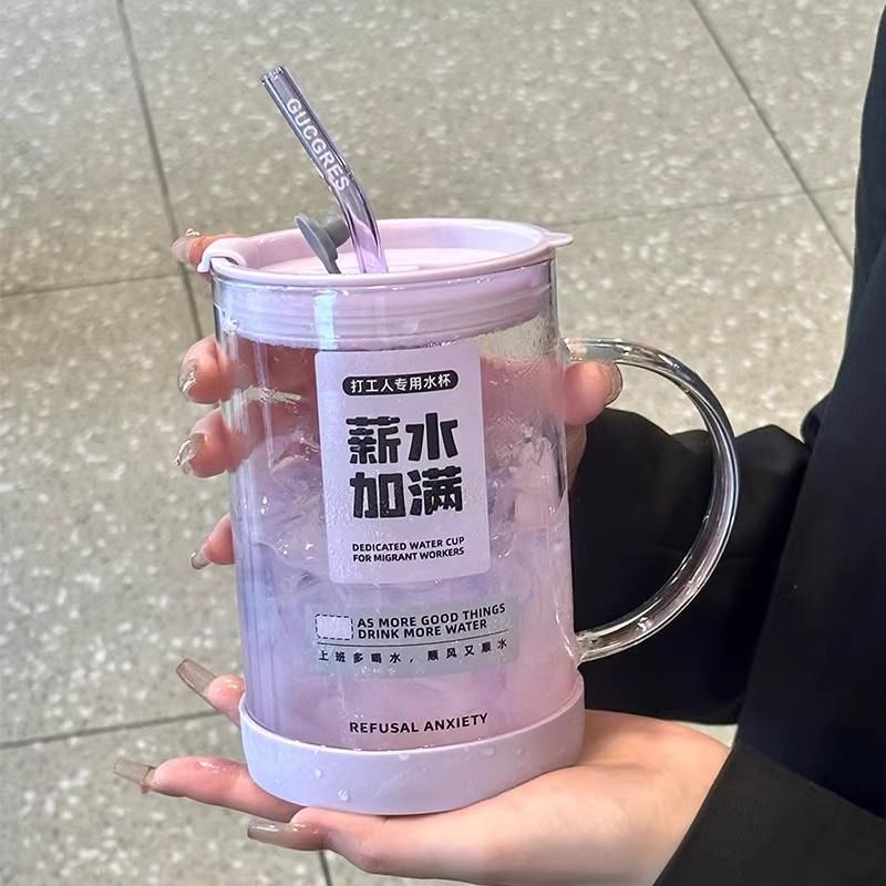 1L升大容量玻璃水杯高硼t硅泡花茶杯女高颜值带盖把手耐高温吸管