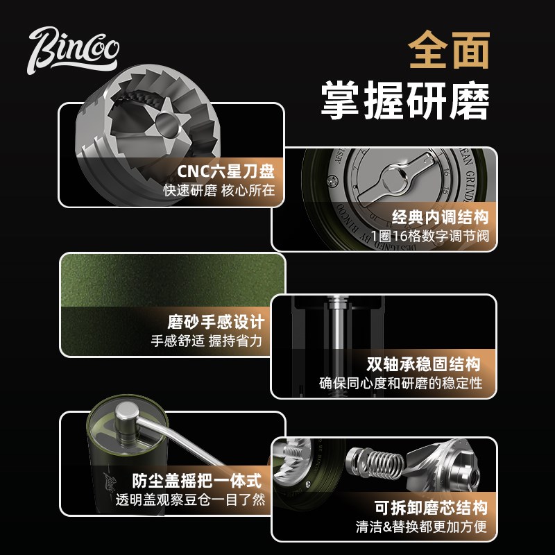 Bincoo手摇磨豆机橄榄绿便携式钢芯六星手冲O手磨手动咖啡豆研磨