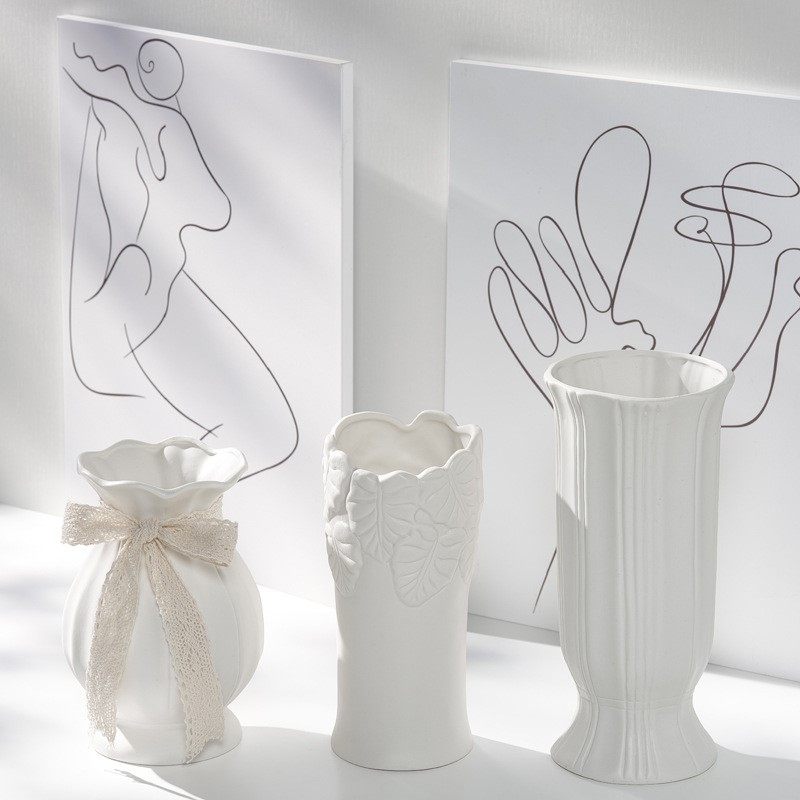 白色北欧陶瓷干花花瓶水养家居装饰摆件客厅插花大口现代简约摆设