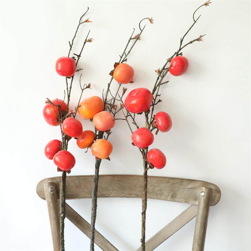 家庭装饰干枝柿子果子仿真花玫瑰出口婚庆假花MW25582新中式客厅
