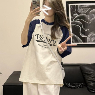 插肩袖 美式 百搭港风显瘦大码 复古宽松拼色短袖 纯棉上衣 t恤女夏季