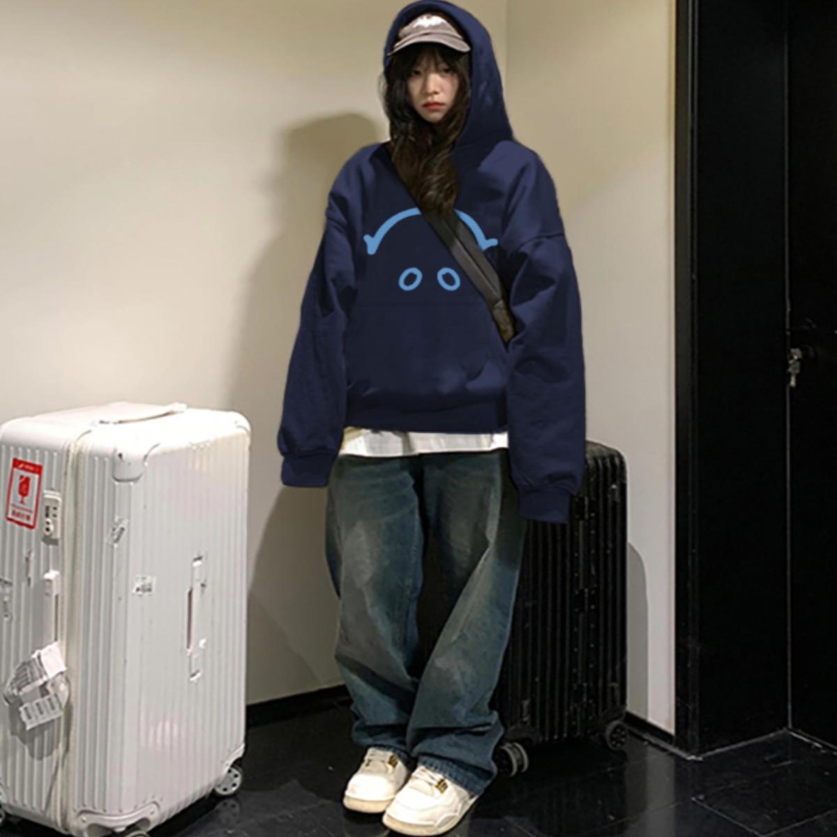 藏蓝色连帽卫衣女2025新款春秋季oversize宽松初秋穿搭慵懒风上衣