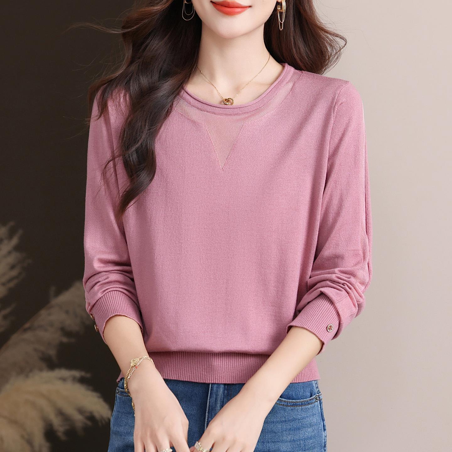 JOYIASS网纱拼接大领口针织打底衫长袖上衣秋装2025新款女装早秋