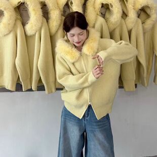 连帽双拉链黄色针织开衫毛衣外套女独特超好看慵懒风高级感
