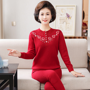 女马年红色保暖中老年人加绒加厚冬季 本命年女装 秋冬内衣妈妈套装