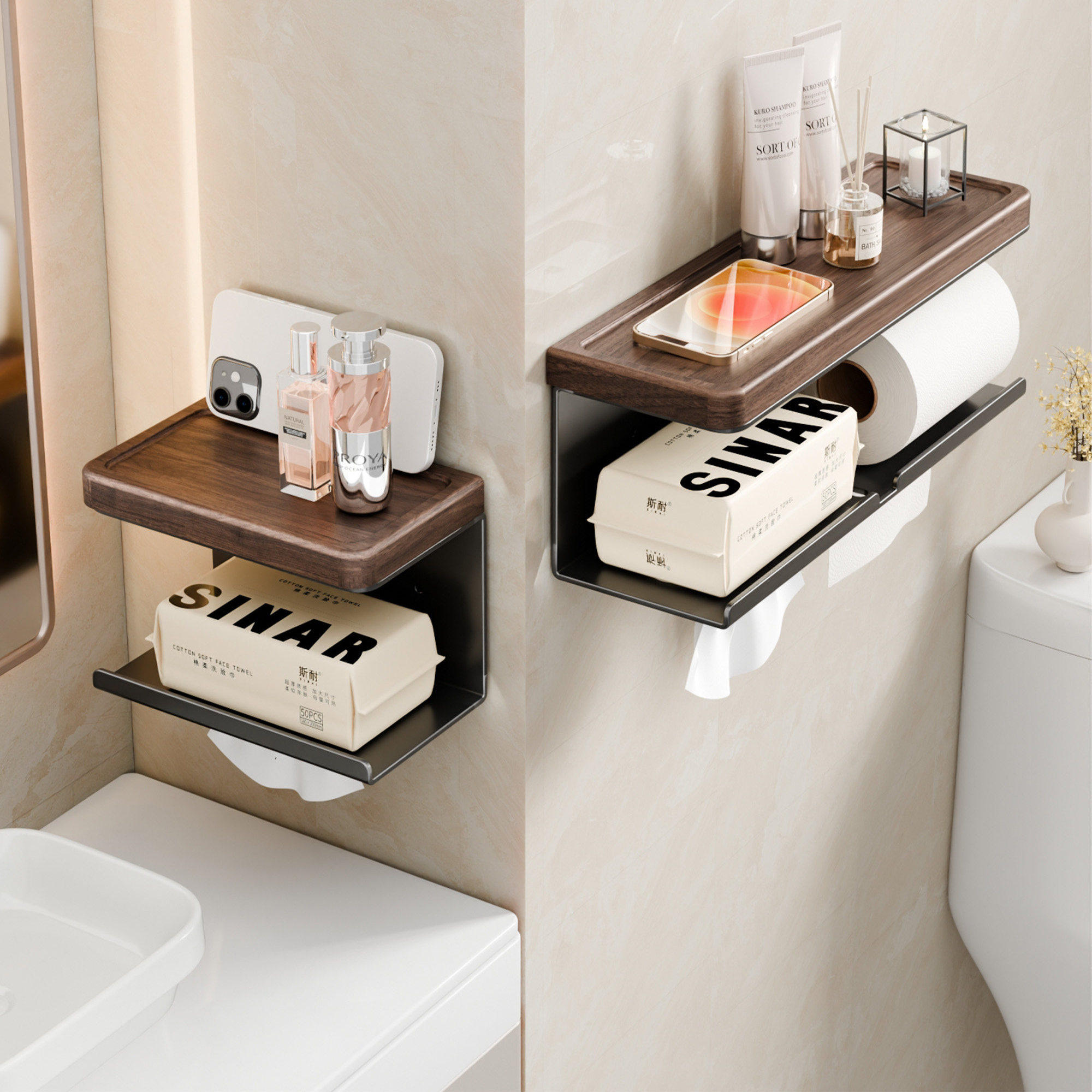 仿木纹卫生间纸巾盒壁挂式高级感卷纸器纸巾置物架厕所厕纸盒新款