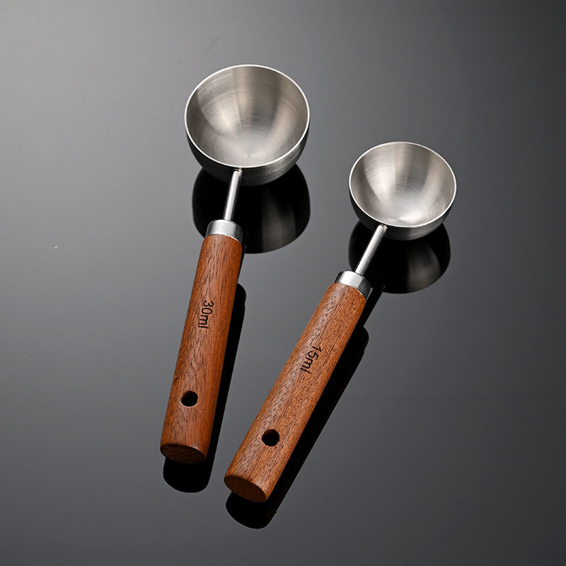 新款304不锈钢圆底相思木量勺15ml30ml烘焙调料勺定量勺咖啡刻度