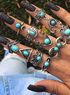 Turquoise Crescent Owl 11-piece resin ring set