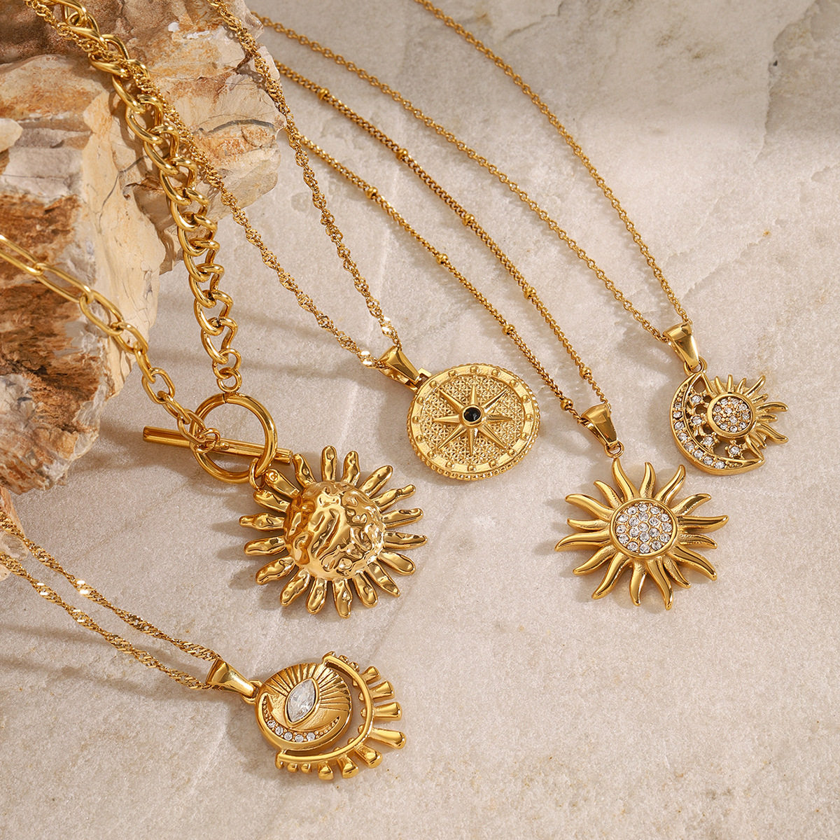 Stainless Steel Spiral Sun Flower Pendant Necklace for Women