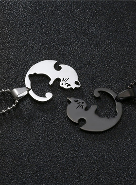Couple Heart Necklace Cute Cartoon Cat Pendant Necklace