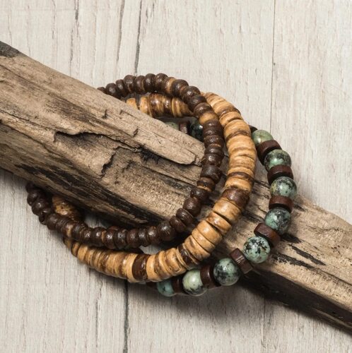 Men Coconut Shell Wood Chip  Stacked Set Beaded Braclet