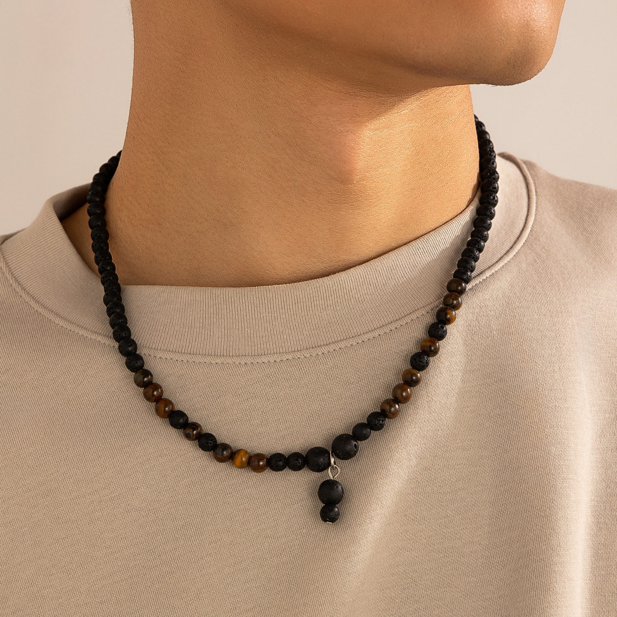 Volcanic stone beaded necklace Tiger stone spliced collarbon