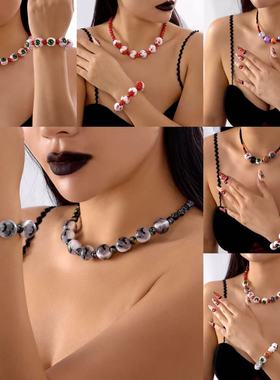 Halloween series blood-handprint ghost wooden bead necklace