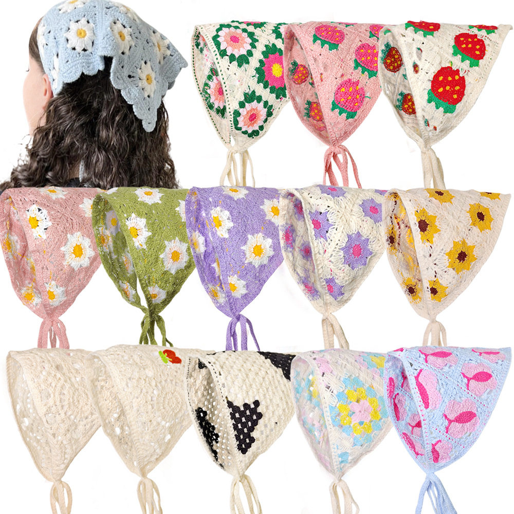 Triangle headscarf, headband, small daisy knitted flower hea