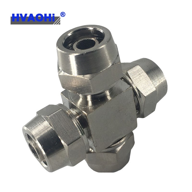 快拧四通铜镀镍h锁紧螺帽锁母式高压 十字四通6/8/10MM气管接头