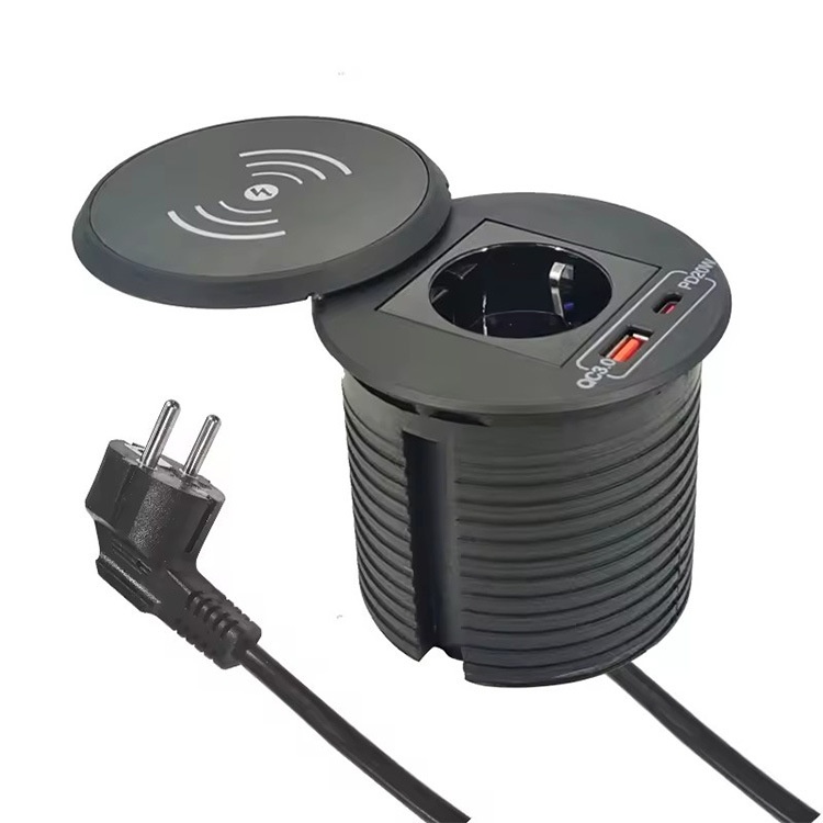 欧标无线充圆形电源插座配usb20W嵌入式欧标电源桌面插座含无线充