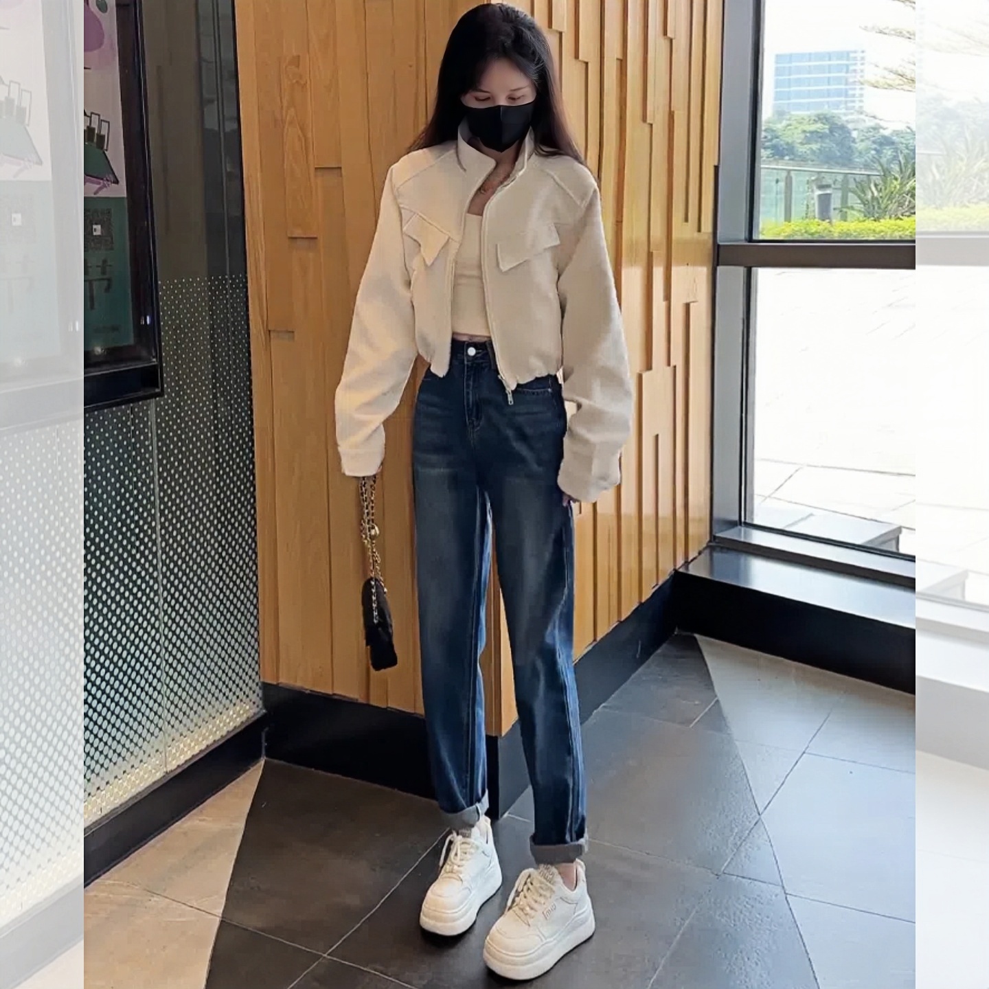 MONLOUVE秋季新品休闲立领廓形外套女牛仔裤减龄穿搭高级感小个子